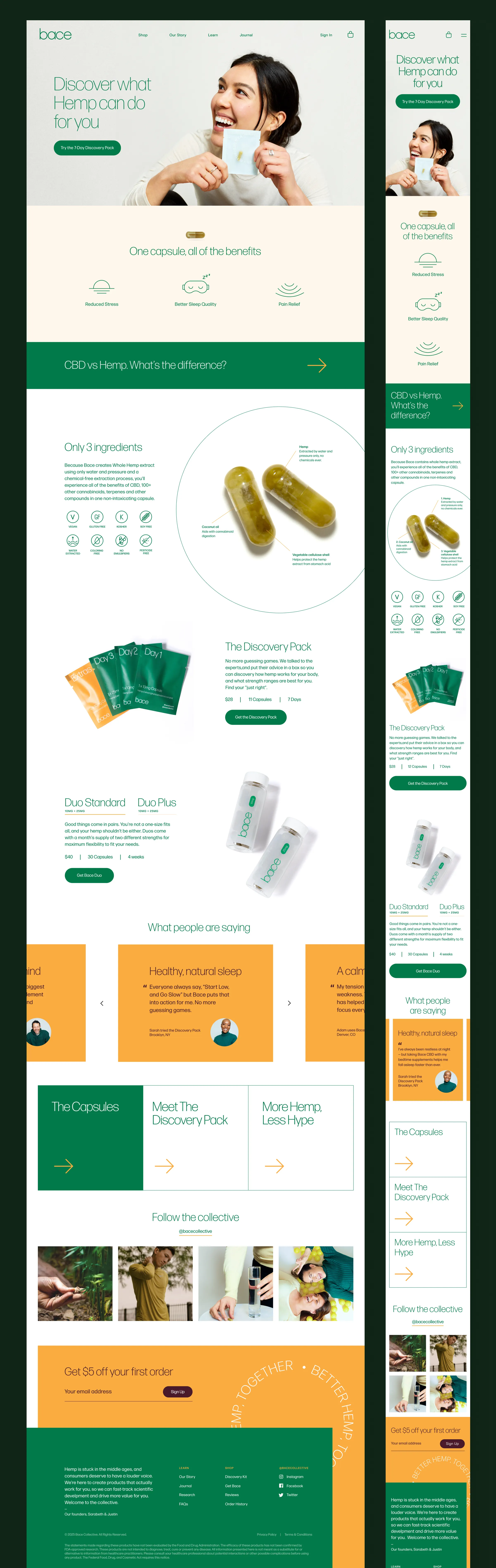 Full Bace homepage scroll, from hero through ingredients, product bundles, testimonials, and footer