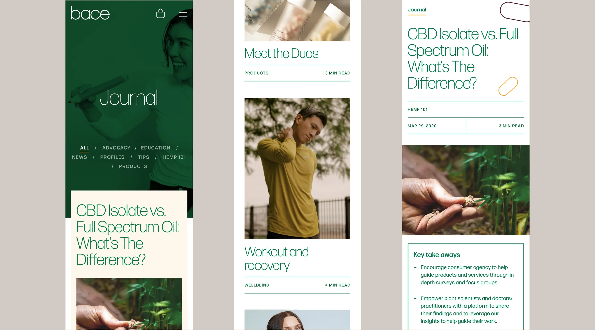 Journal landing page and article cards covering hemp education, workouts, and wellbeing