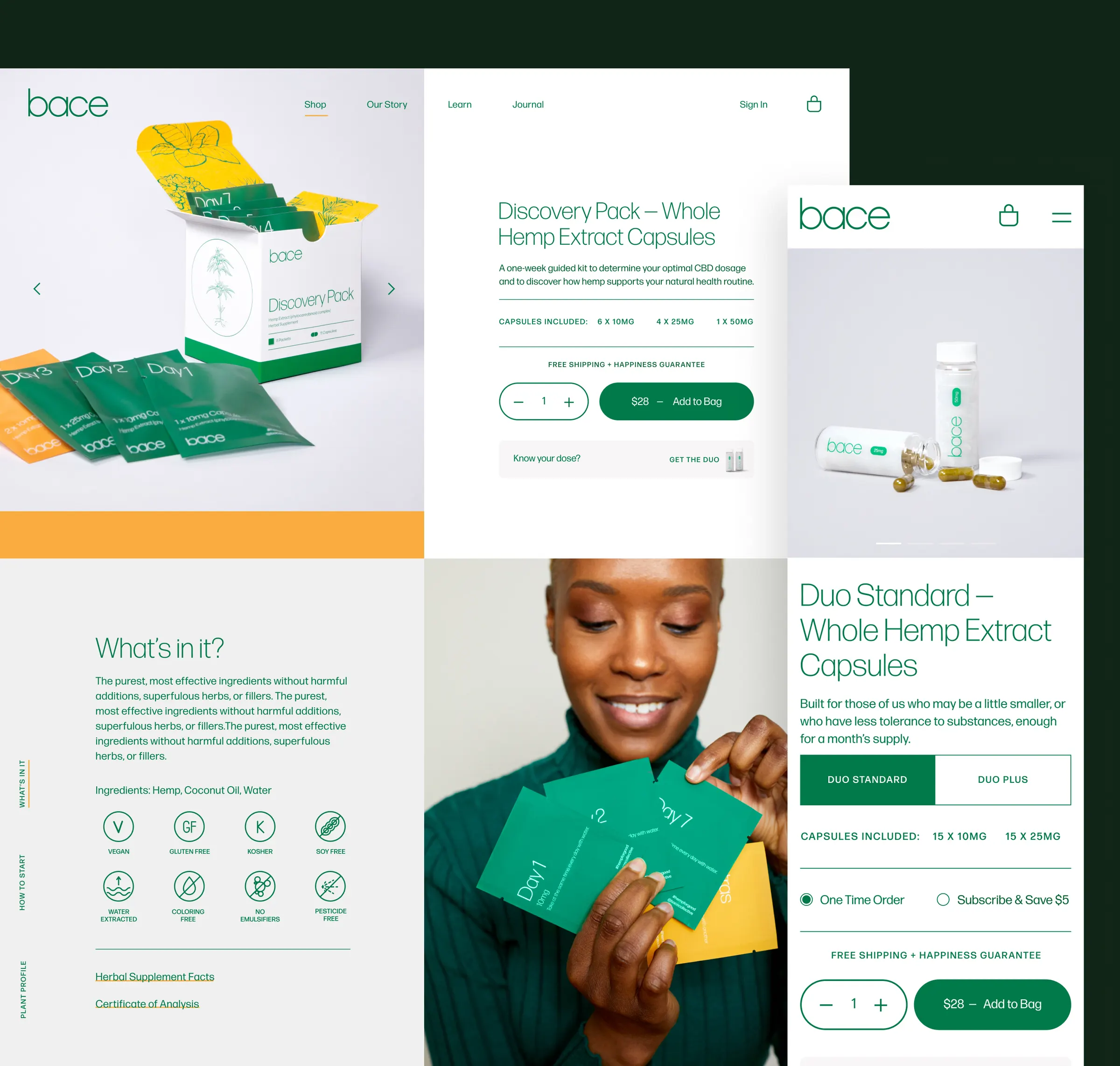 Product pages for the Discovery Pack and Duo capsules, with dosage breakdowns and add-to-bag controls