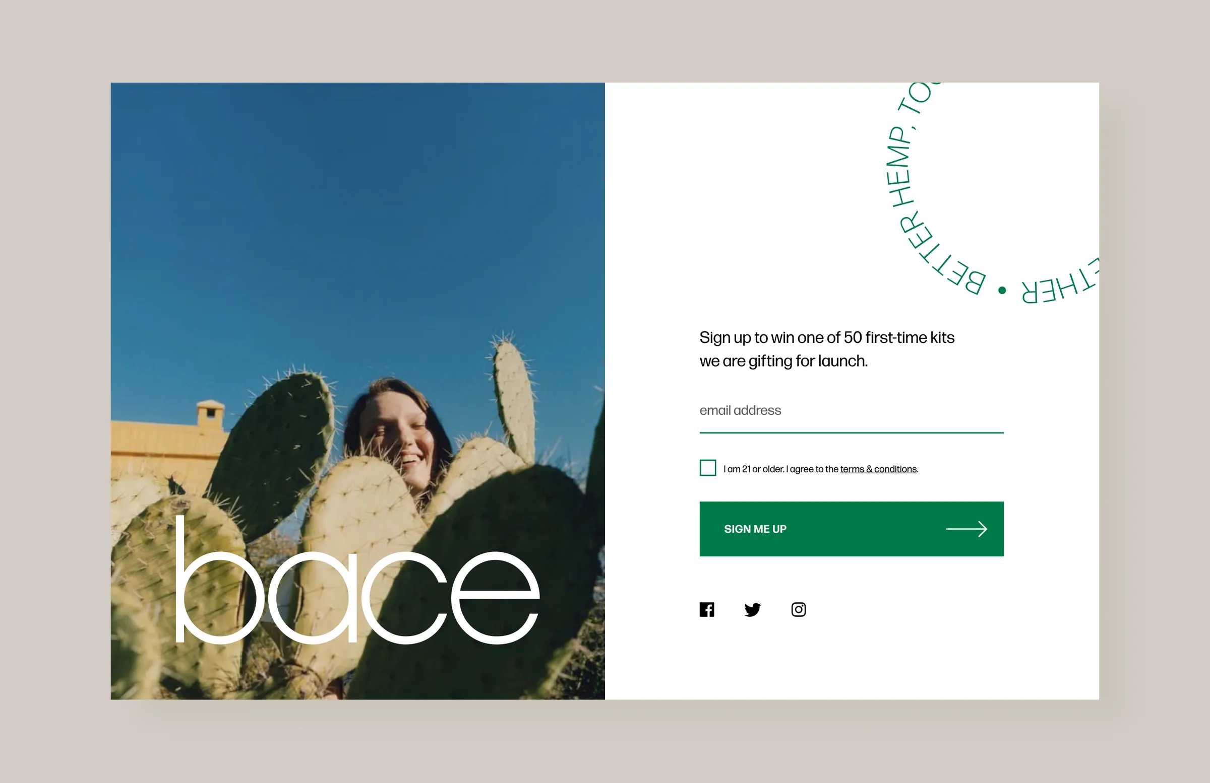 Pre-launch waitlist page with desert cactus photography and a sign-up form for gifted starter kits
