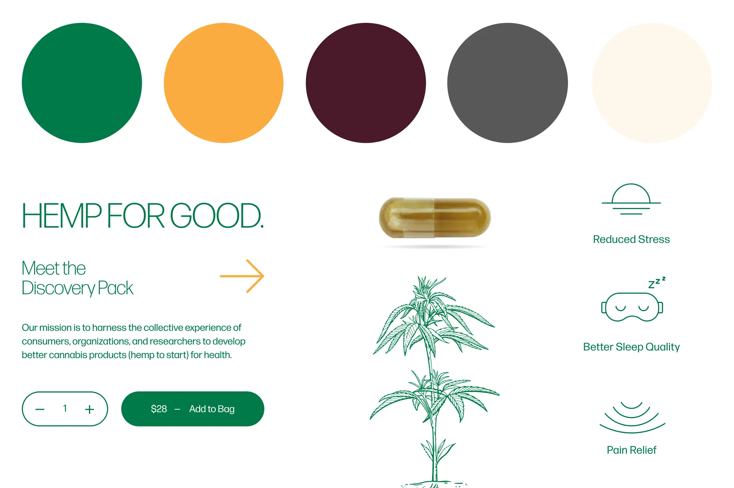 Bace's brand palette, capsule photography, and benefit icons for reduced stress, better sleep, and pain relief