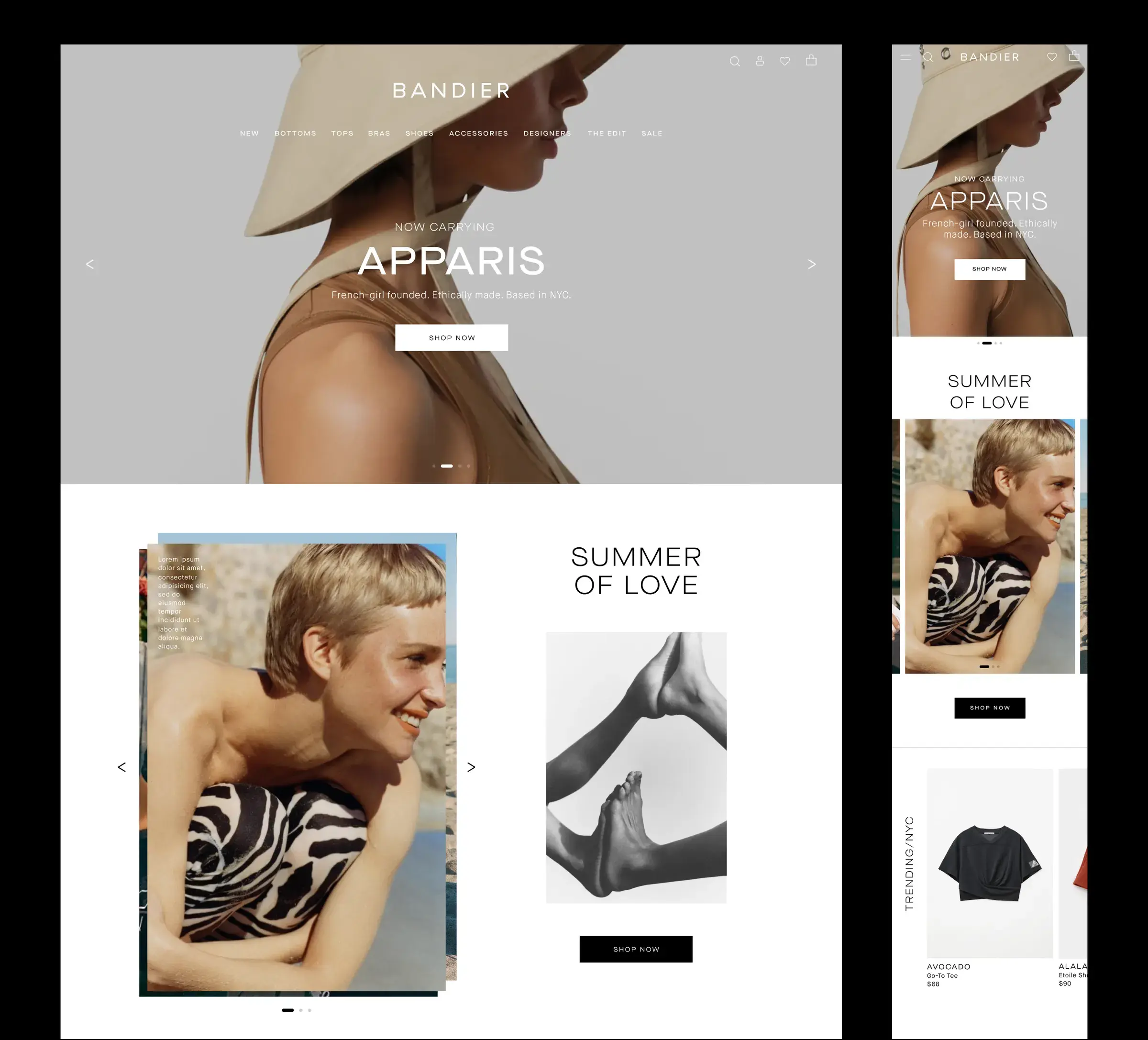 Bandier homepage with a rotating hero carousel and editorial modules for seasonal collections