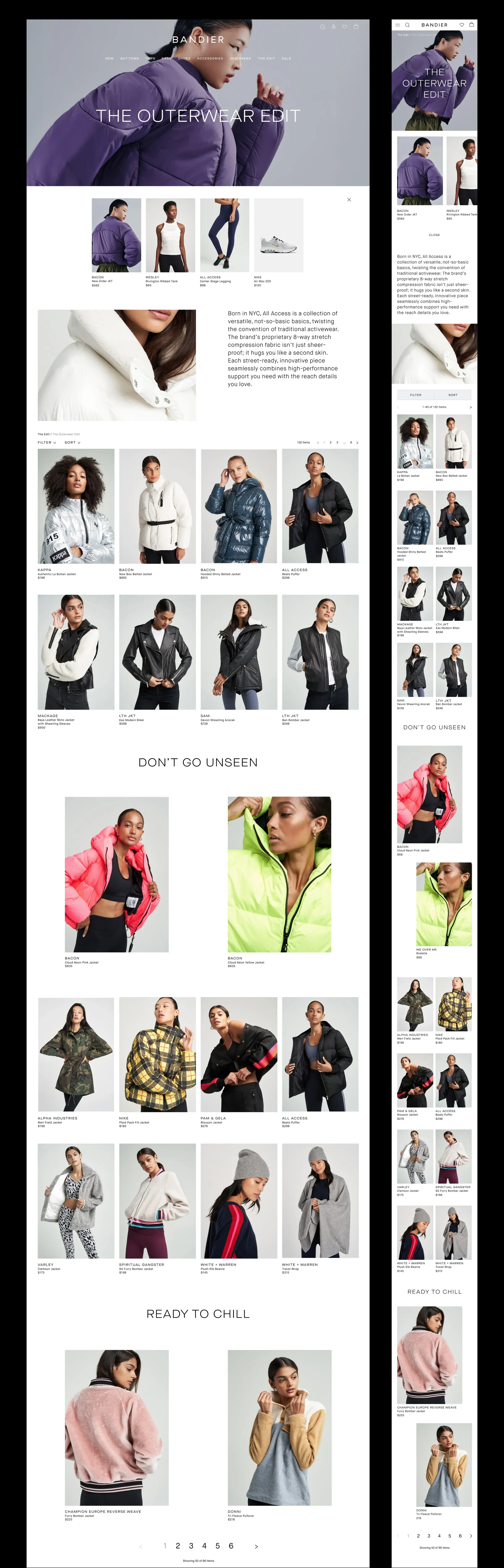 Full outerwear category page scroll, from the edit banner through product grid to pagination