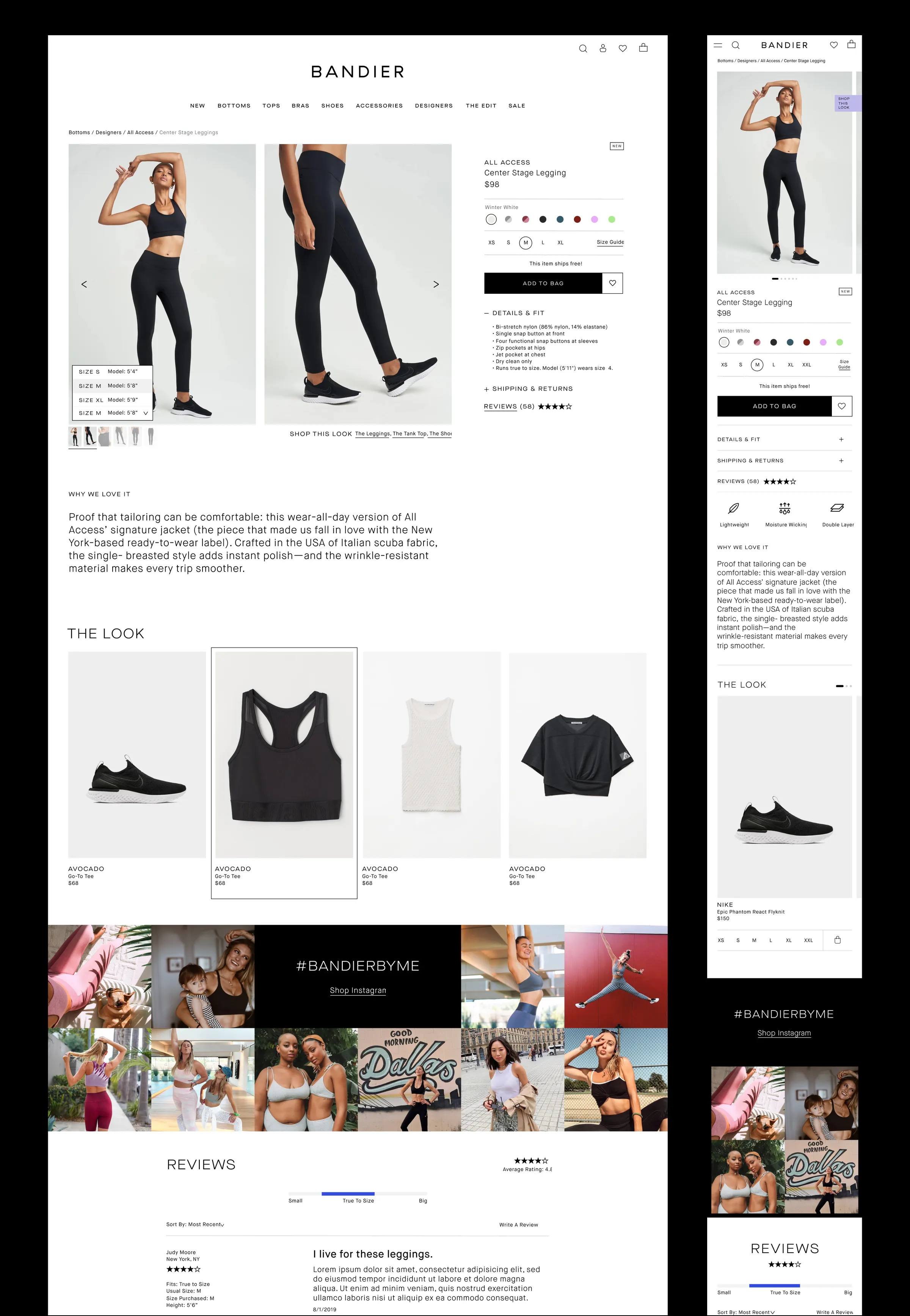 Product detail page for the Center Stage Legging, with color and size selectors, styling notes, and a shoppable look