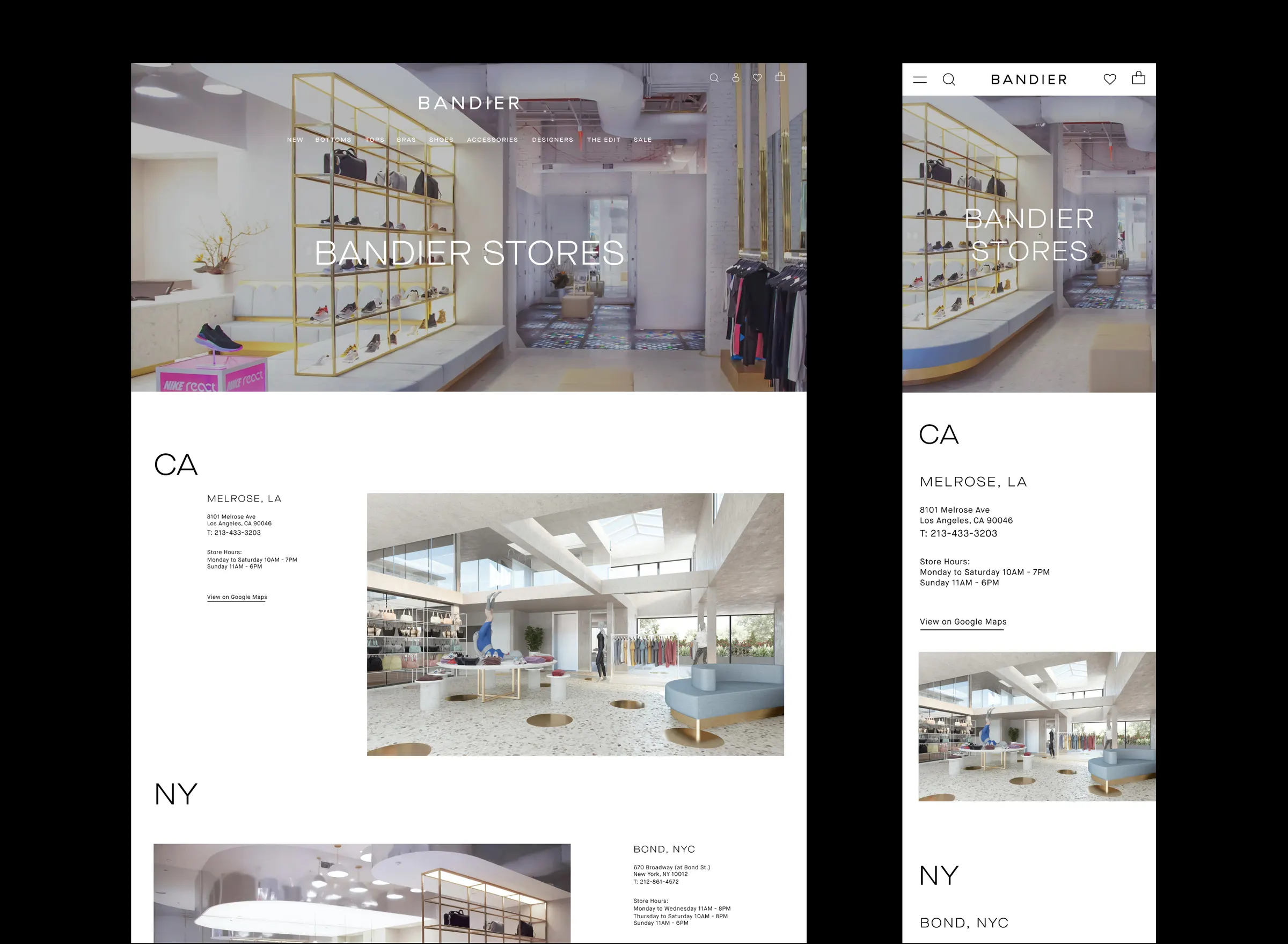 Bandier Stores page listing the Melrose, LA and Bond Street, NYC flagship locations