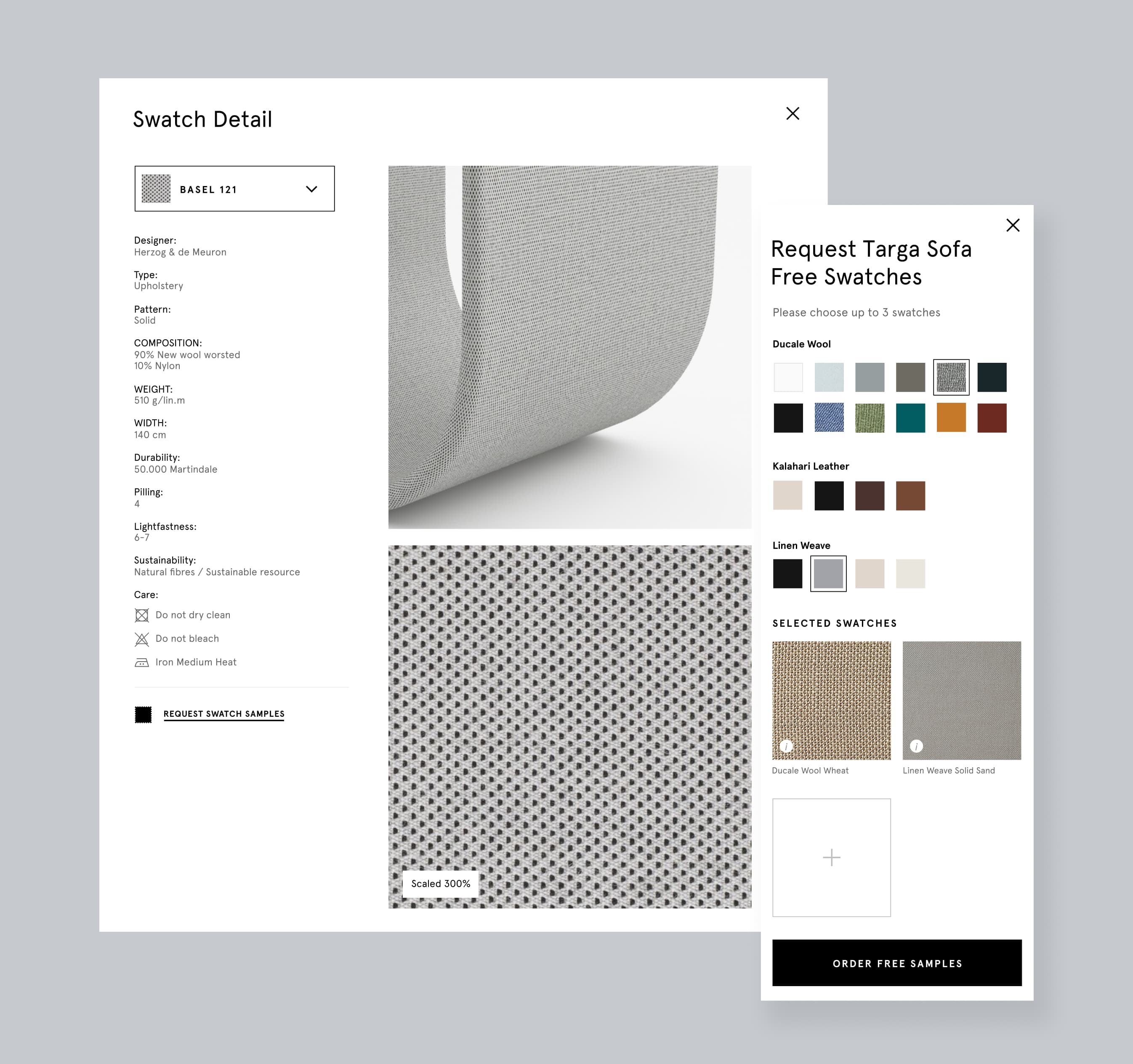 Swatch picker with material previews and close-ups