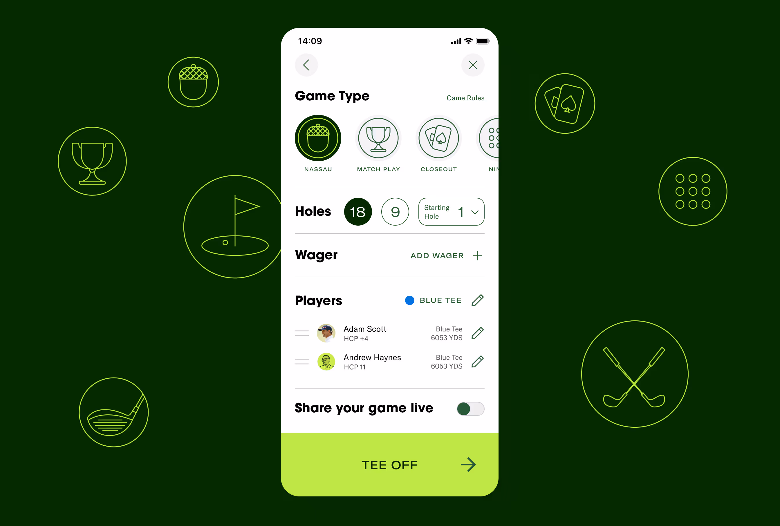 Game type selection screen listing the seven formats