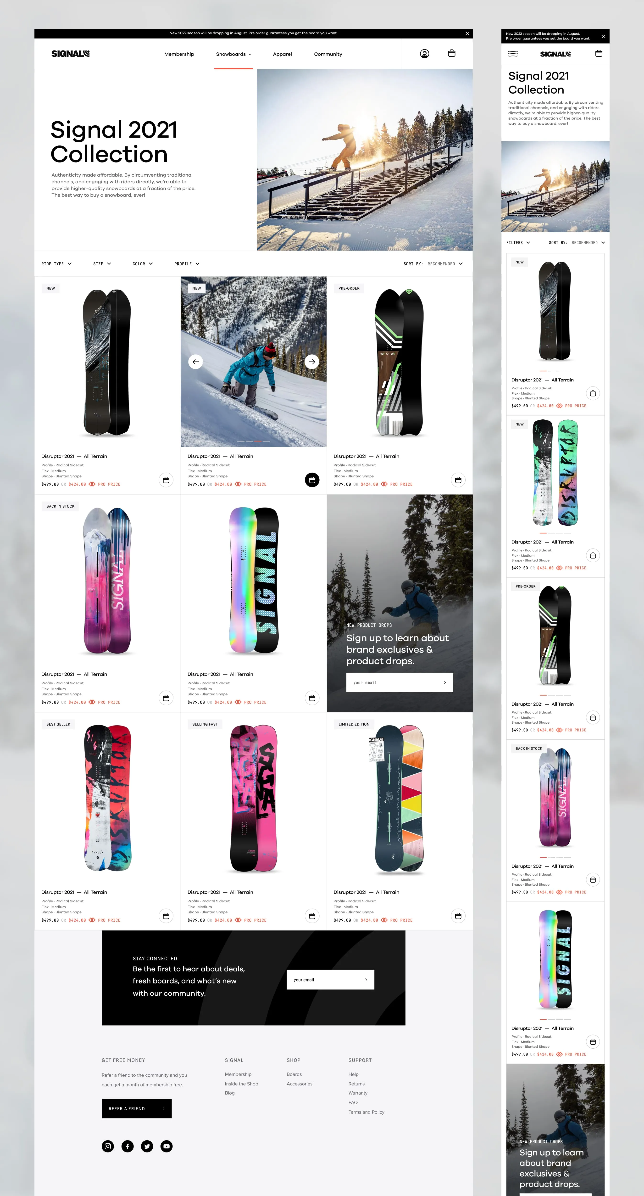 Product grid showing full boards with quick add to cart