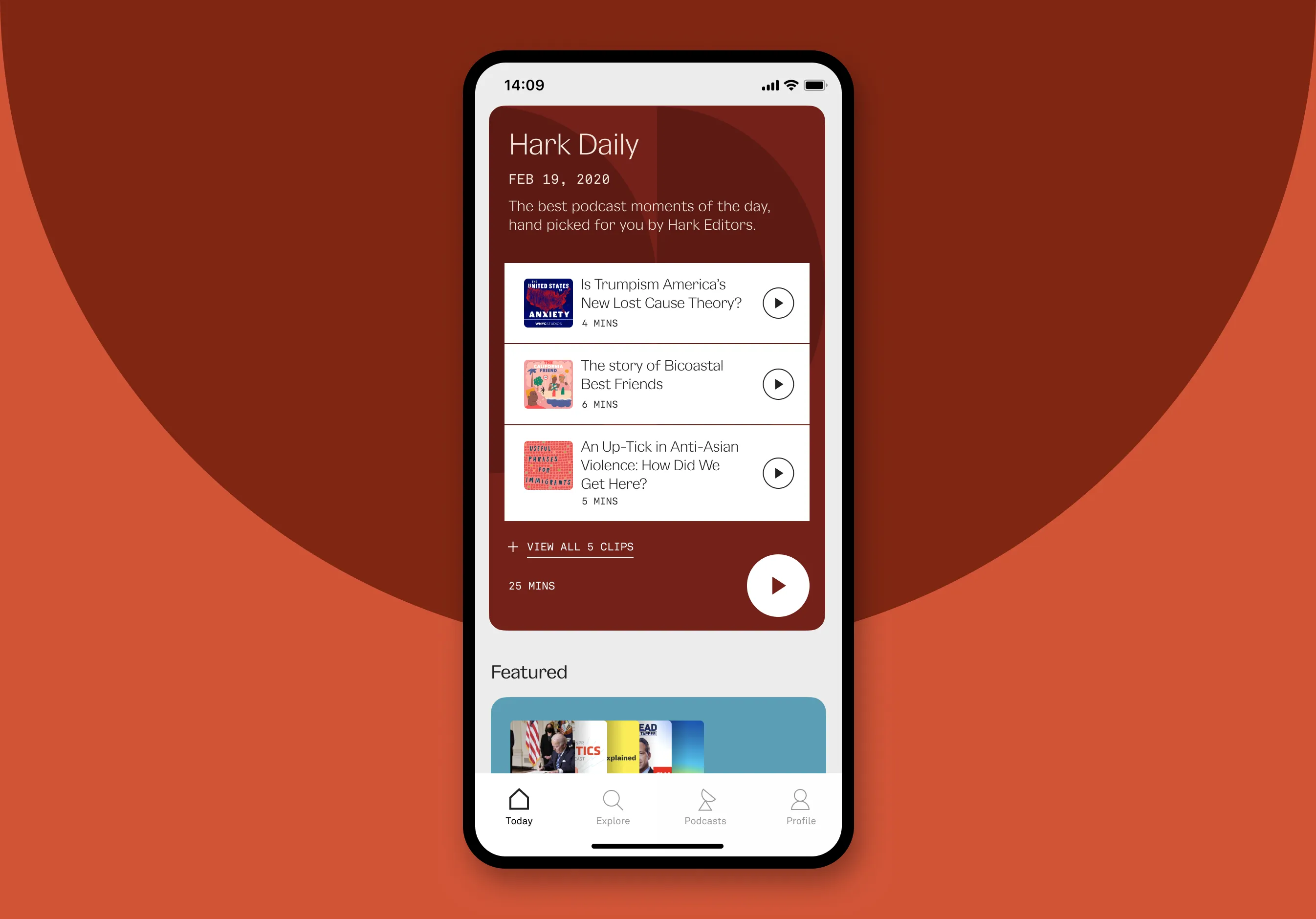 Hark Daily screen with the day's podcast moments queued up