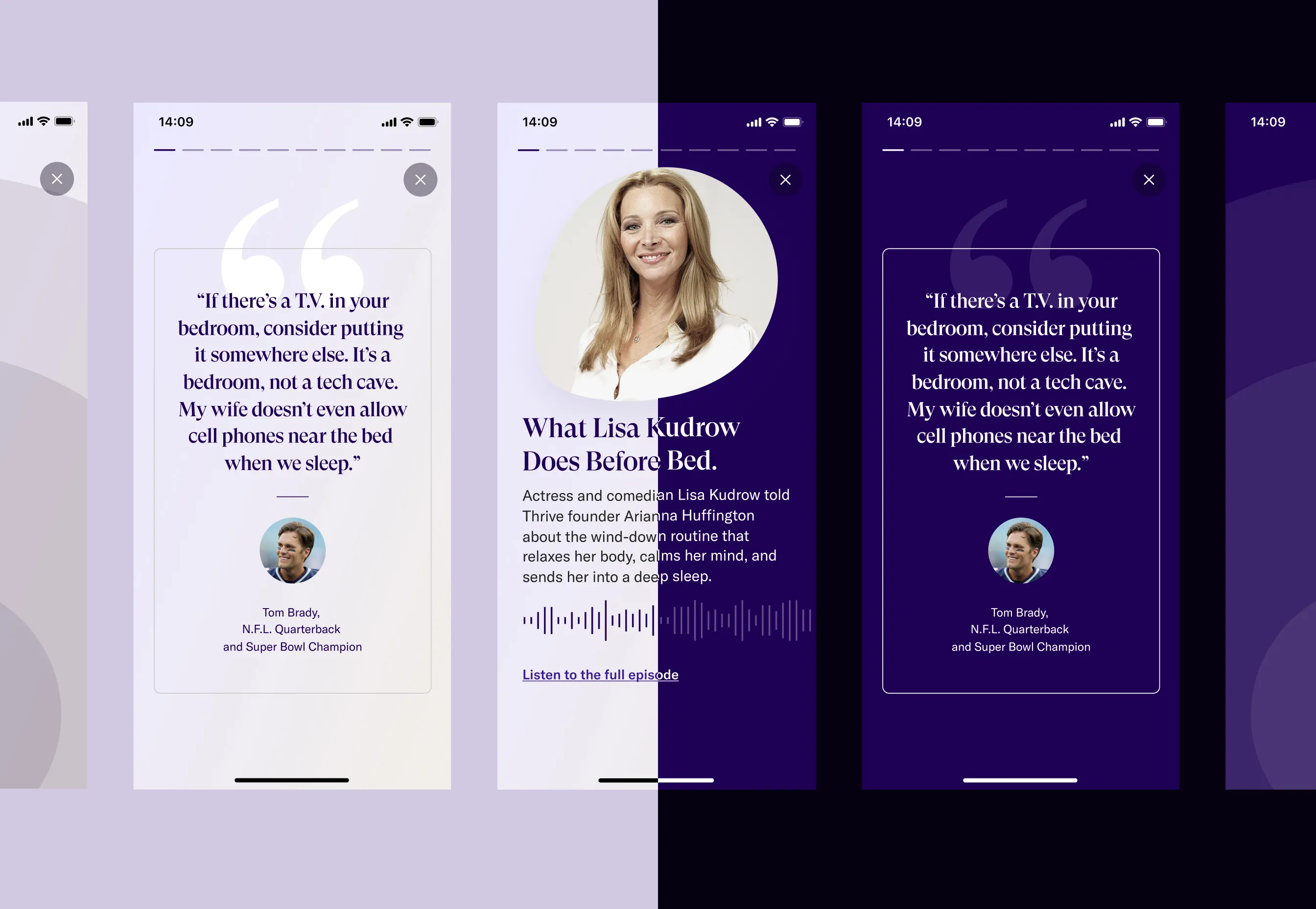 The same screens in light and dark theme